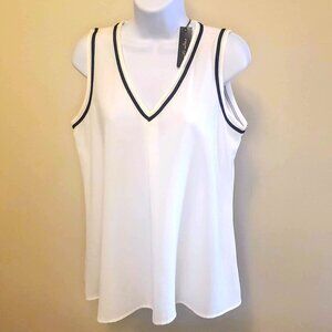 NWT Melissa Paige Sleeveless V-Neck Blouse Ivory Navy Blue Trim - M